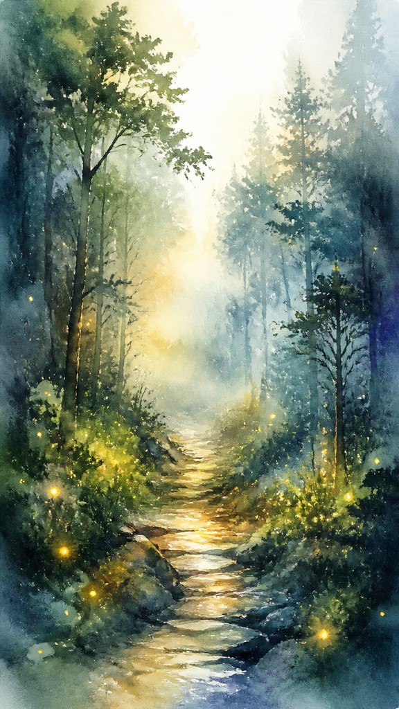 a mysterious forest path with fireflies and drifting mist, atmospheric vertical composition with open space at the top, no text — Watercolor Portrait Art Style book cover