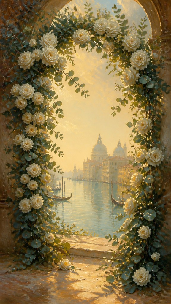 an arch of white roses and eucalyptus in soft morning light, elegant vertical composition with open space, no text — Venetian Colorism Renaissance Art Style wedding invitation