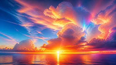 a panoramic ocean horizon with towering clouds at golden hour, no people — Digital Art Style wallpaper