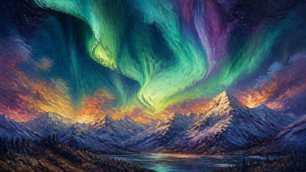 a flowing aurora over snowy peaks, wide sweeping composition, no people, no text — Oil Portrait Art Style banner