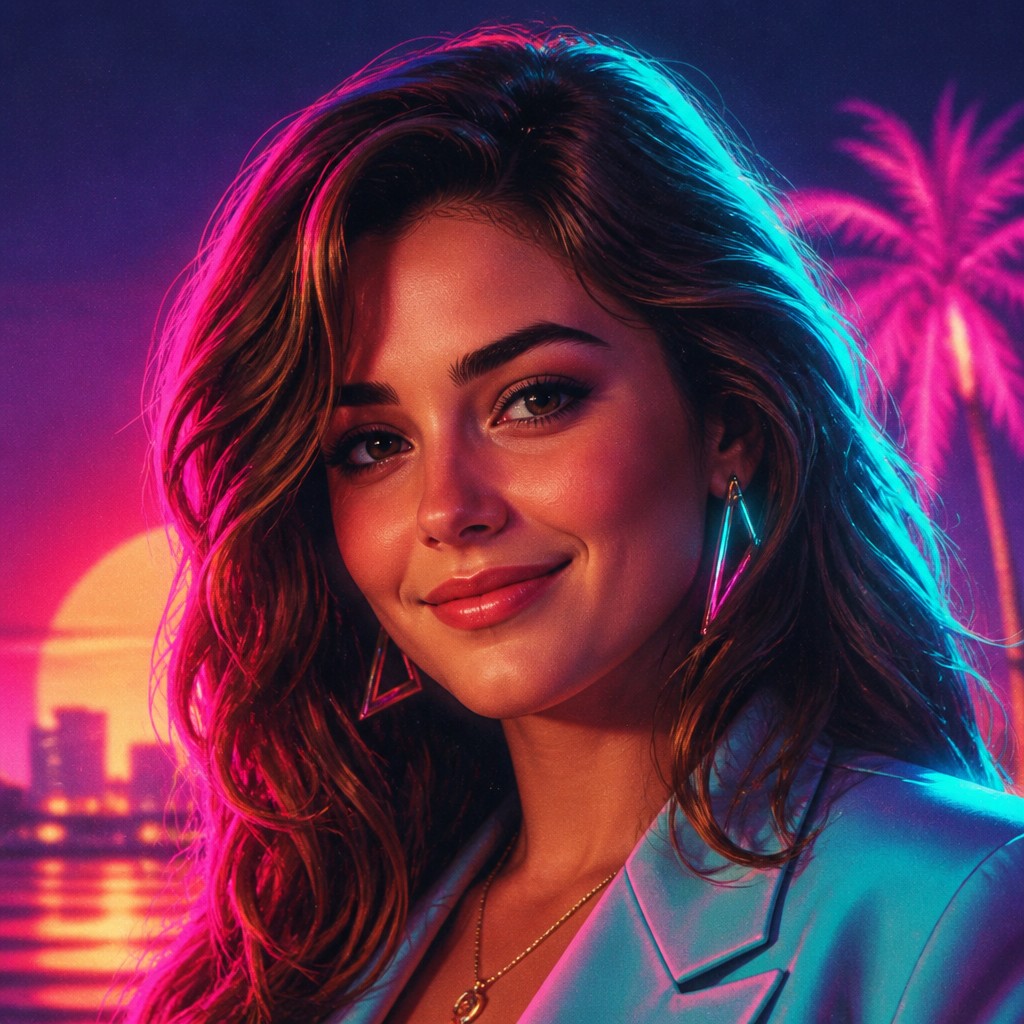 head-and-shoulders portrait of an original character: a young woman with wavy chestnut hair and a warm smile, plain soft backdrop — Miami Vice profile picture