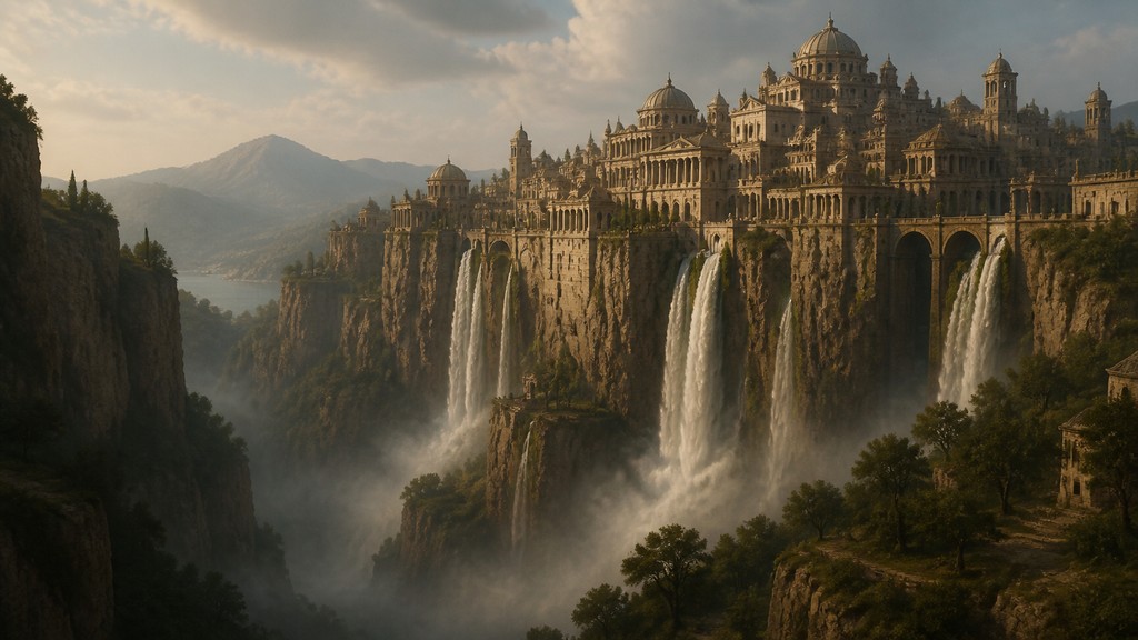 a cliffside city with waterfalls cascading into a misty canyon, wide establishing shot, no people, no text — Classical Realist Figurative Art Style concept art