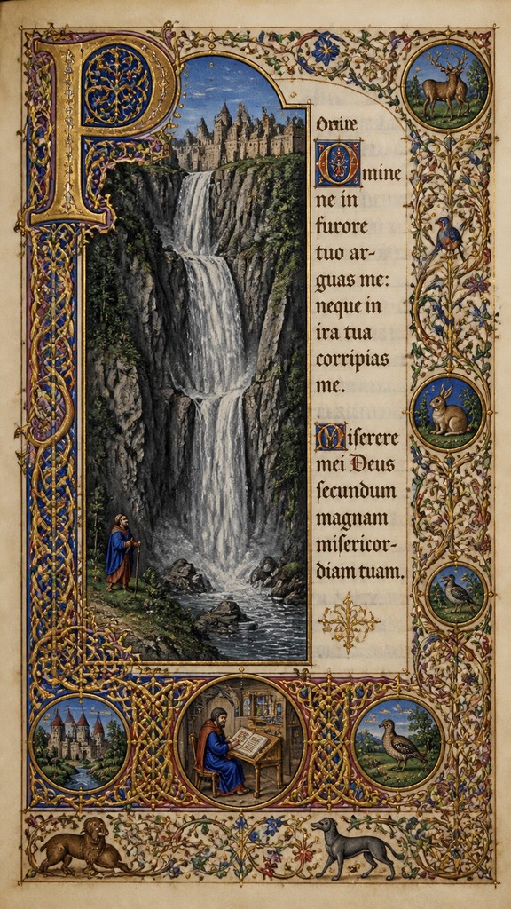 towering waterfall cascading down a cliff — Illuminated Manuscript Art Style