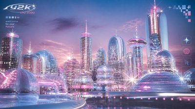 a city skyline panorama at dusk with glowing windows, no people — Y2K Aesthetic wallpaper