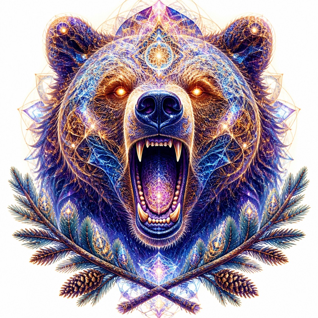 a roaring bear head above crossed pine branches, bold graphic composition on a plain background, no text — Visionary Art Style t-shirt design