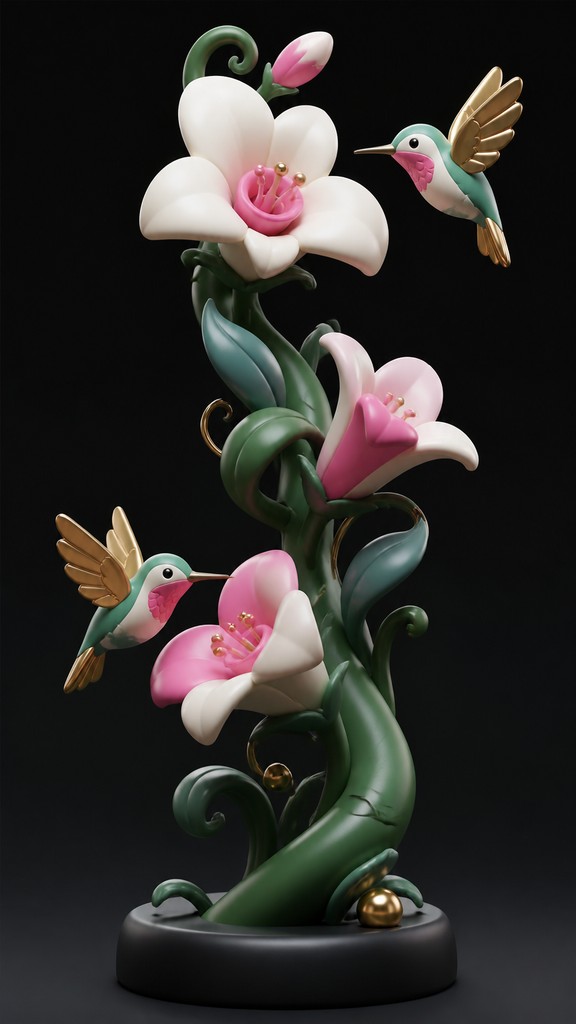 a climbing vine of flowers and hummingbirds on a dark background, tall wrapping composition, no text — Art Toy Sculpture phone case design