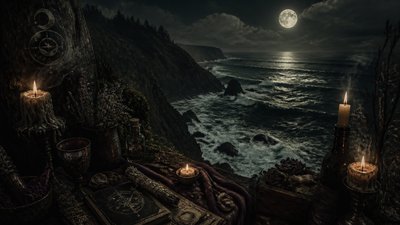 a moonlit coastline with cliffs and crashing surf, no people — Witchcore Aesthetic wallpaper