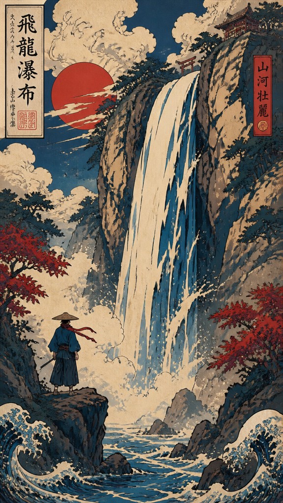 towering waterfall cascading down a cliff — Ukiyo-e Anime Fusion Portrait