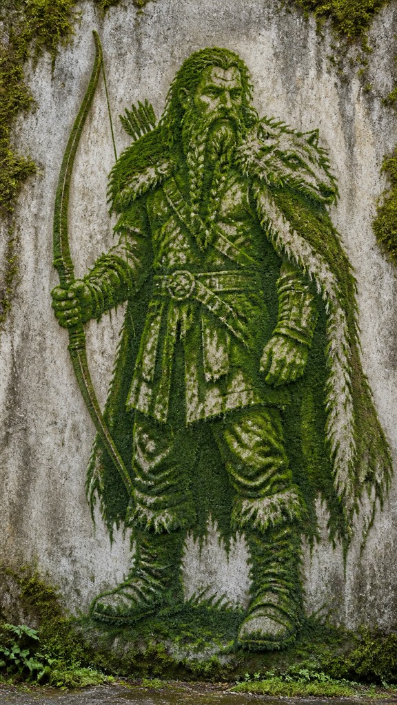 full-body original character: a dwarven ranger with a braided auburn beard, worn leather armor, a longbow and a wolf-pelt cloak, neutral background, no text — Moss Graffiti Street Art Style tabletop character portrait