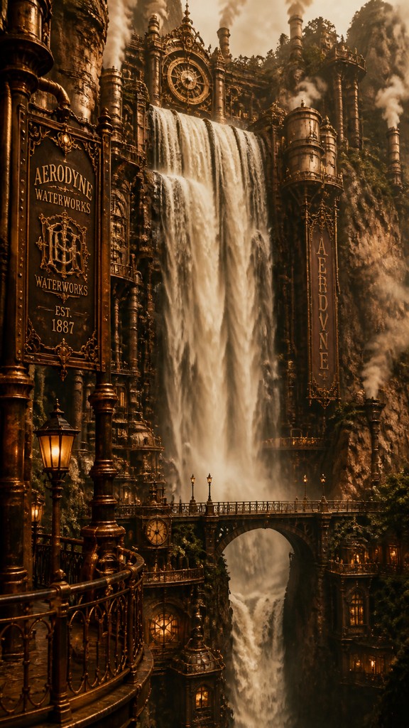 towering waterfall cascading down a cliff — Steampunk Art Style
