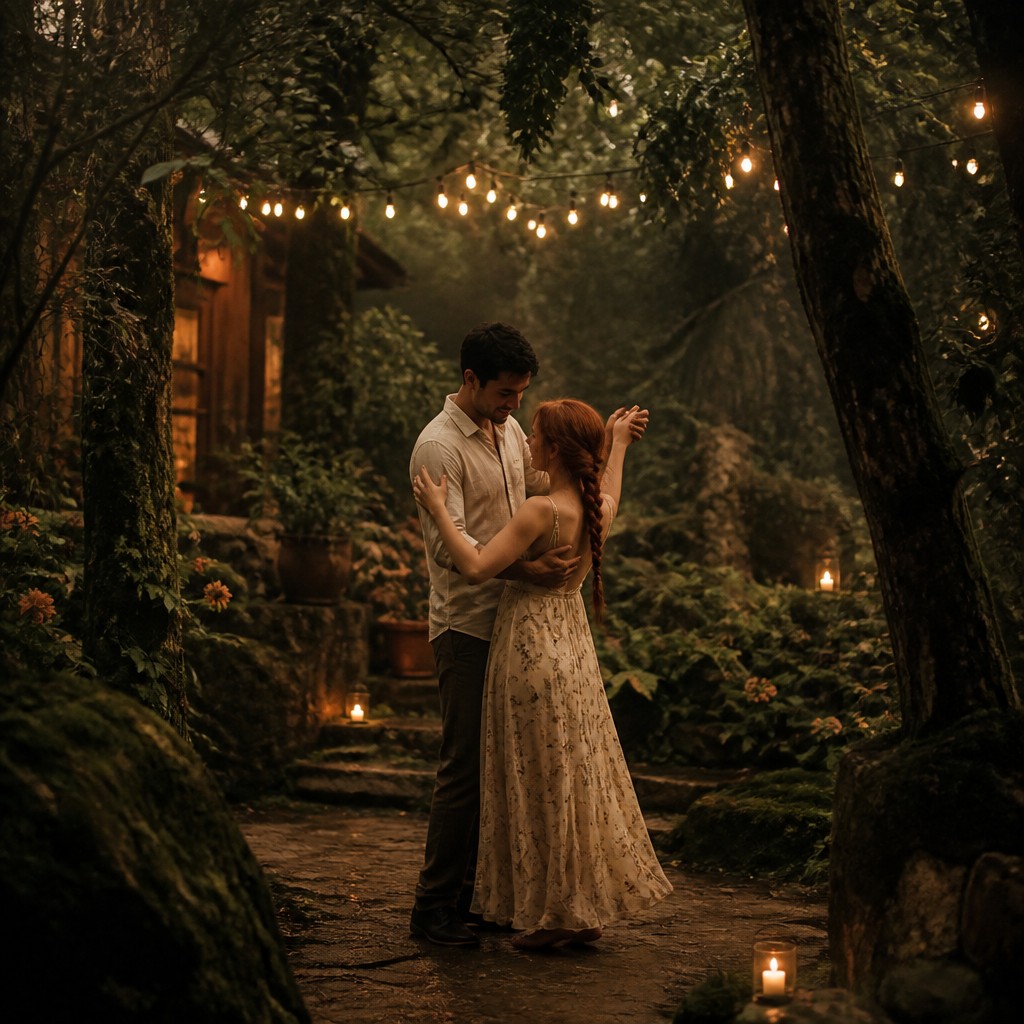 an original couple dancing under string lights in a garden at dusk: a man with short black hair in a linen shirt and a woman with braided red hair in a summer dress — Forest Nature Art couple portrait