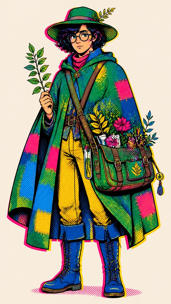 full-body original character: a wandering botanist with a satchel of plants, a patched green cloak, tall boots and round glasses, neutral background — Pop Art Still Life Art Style character design
