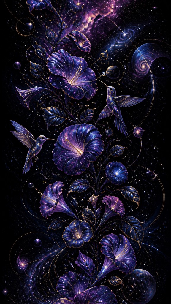 a climbing vine of flowers and hummingbirds on a dark background, tall wrapping composition, no text — Spacecore Aesthetic phone case design