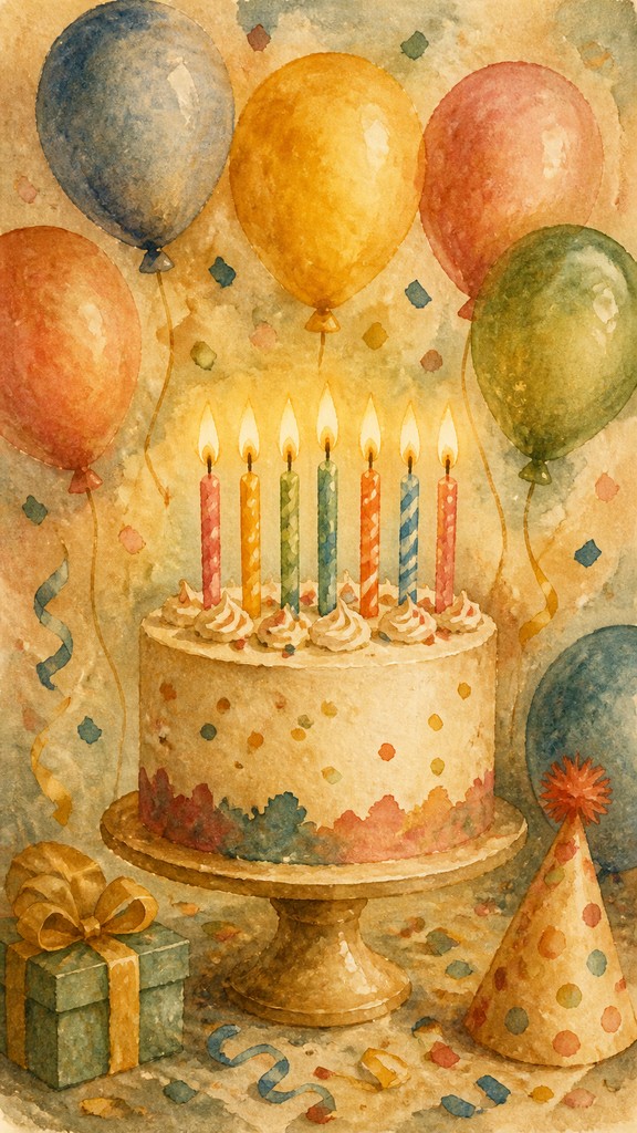 a birthday cake with lit candles surrounded by balloons and confetti, festive vertical composition, no text — Storybook Watercolor birthday card