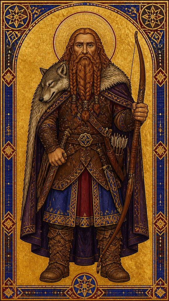 full-body original character: a dwarven ranger with a braided auburn beard, worn leather armor, a longbow and a wolf-pelt cloak, neutral background, no text — Byzantine Religious Art tabletop character portrait