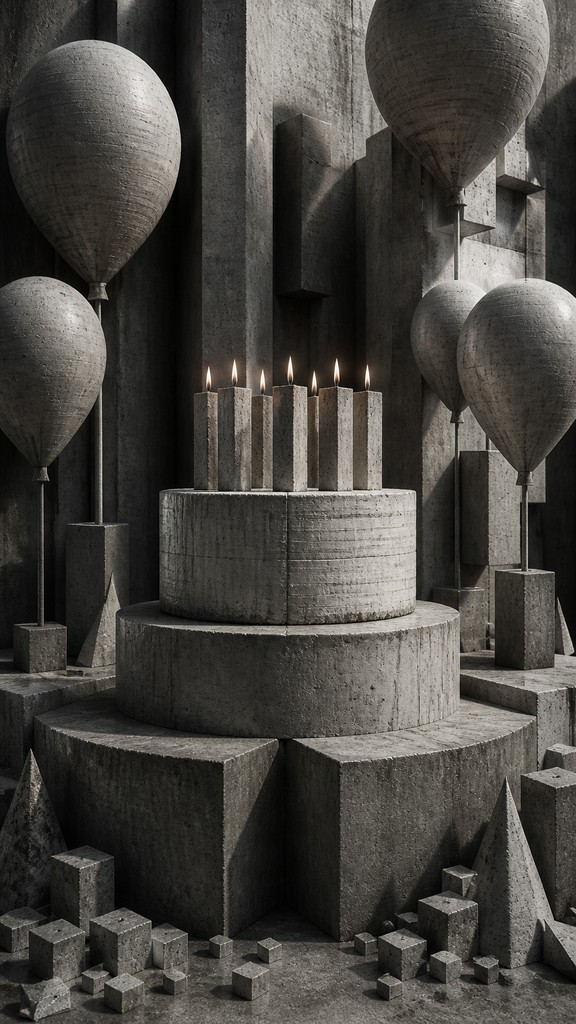 a birthday cake with lit candles surrounded by balloons and confetti, festive vertical composition, no text — Brutalist Architecture Art birthday card