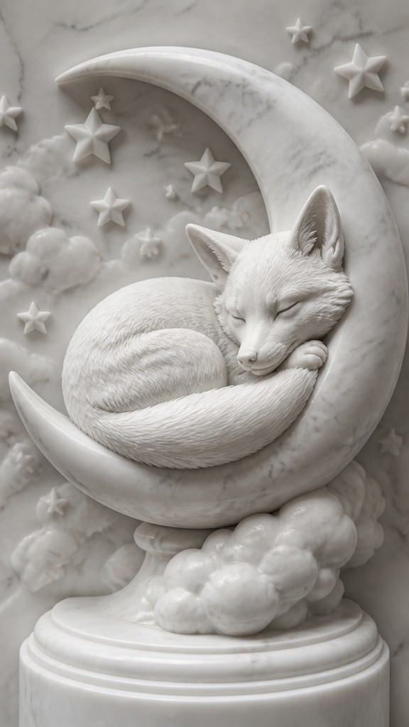 a sleeping baby fox curled on a crescent moon among soft stars, gentle and warm, no text — Classical Marble Sculpture Art Style baby announcement