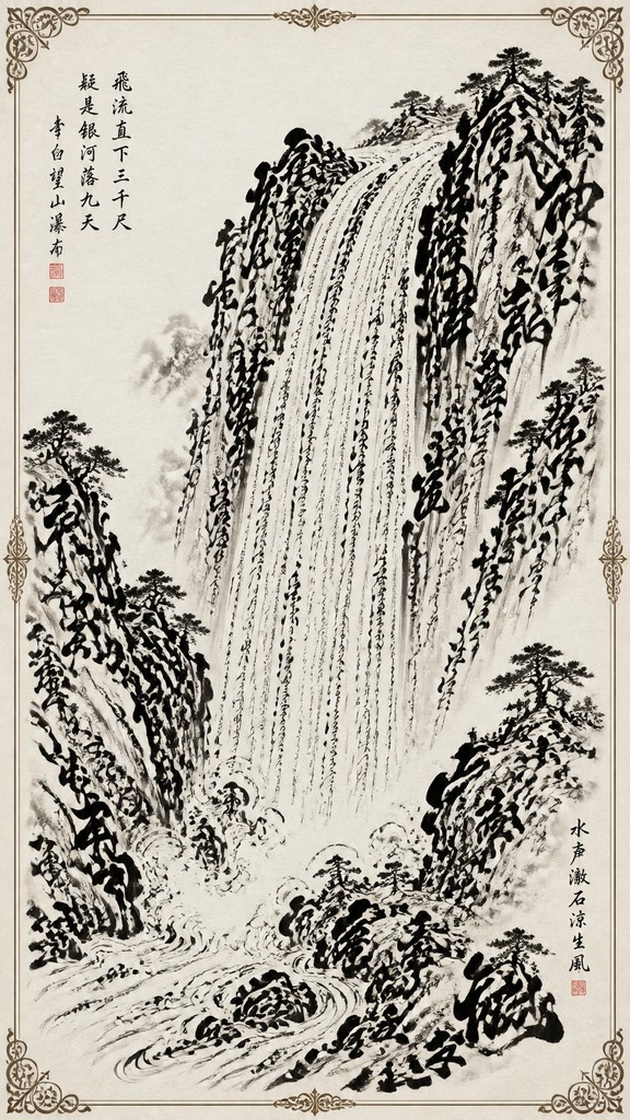 towering waterfall cascading down a cliff — Calligraphy Art Style
