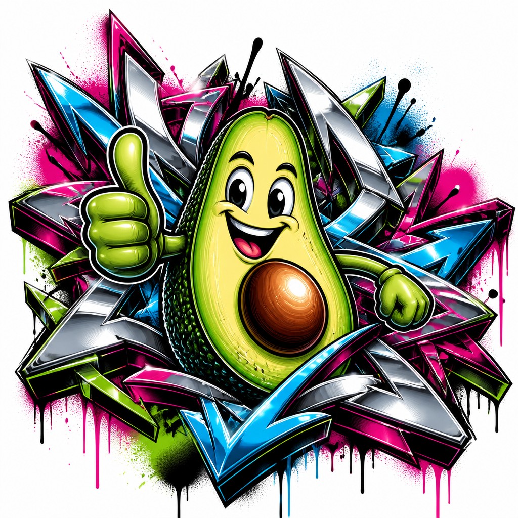 a happy avocado character giving a thumbs up, bold readable design on a plain background, no text — Wildstyle Graffiti Street Art Style sticker