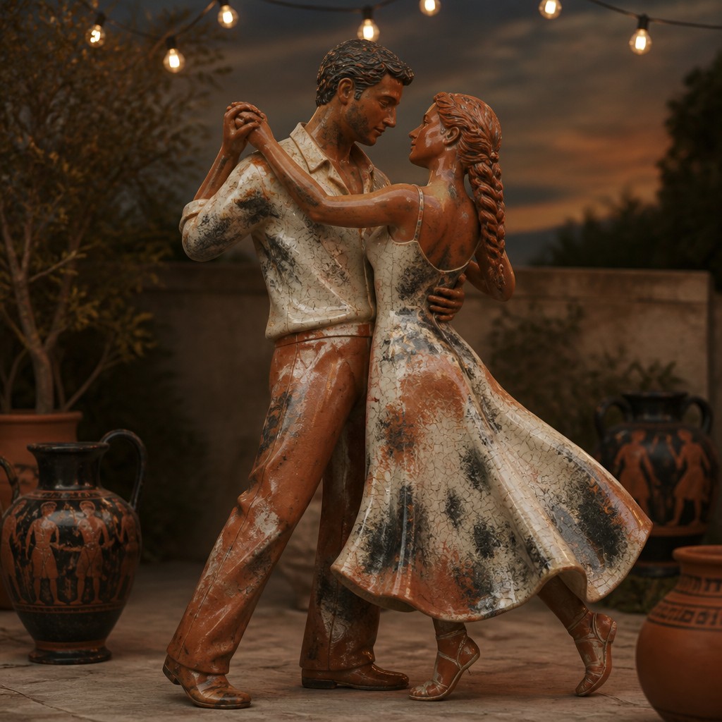 an original couple dancing under string lights in a garden at dusk: a man with short black hair in a linen shirt and a woman with braided red hair in a summer dress — Terra Sigillata Ceramic Art Style couple portrait