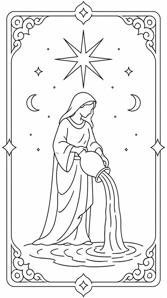 a robed figure pouring water beneath a large eight-pointed star in a night sky, symmetrical composition with an ornate decorative border, no text — Line Art Icon Design tarot card