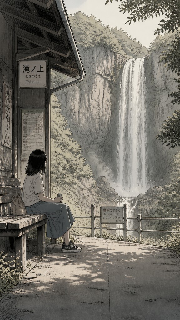 towering waterfall cascading down a cliff — Slice of Life Manga Art Style