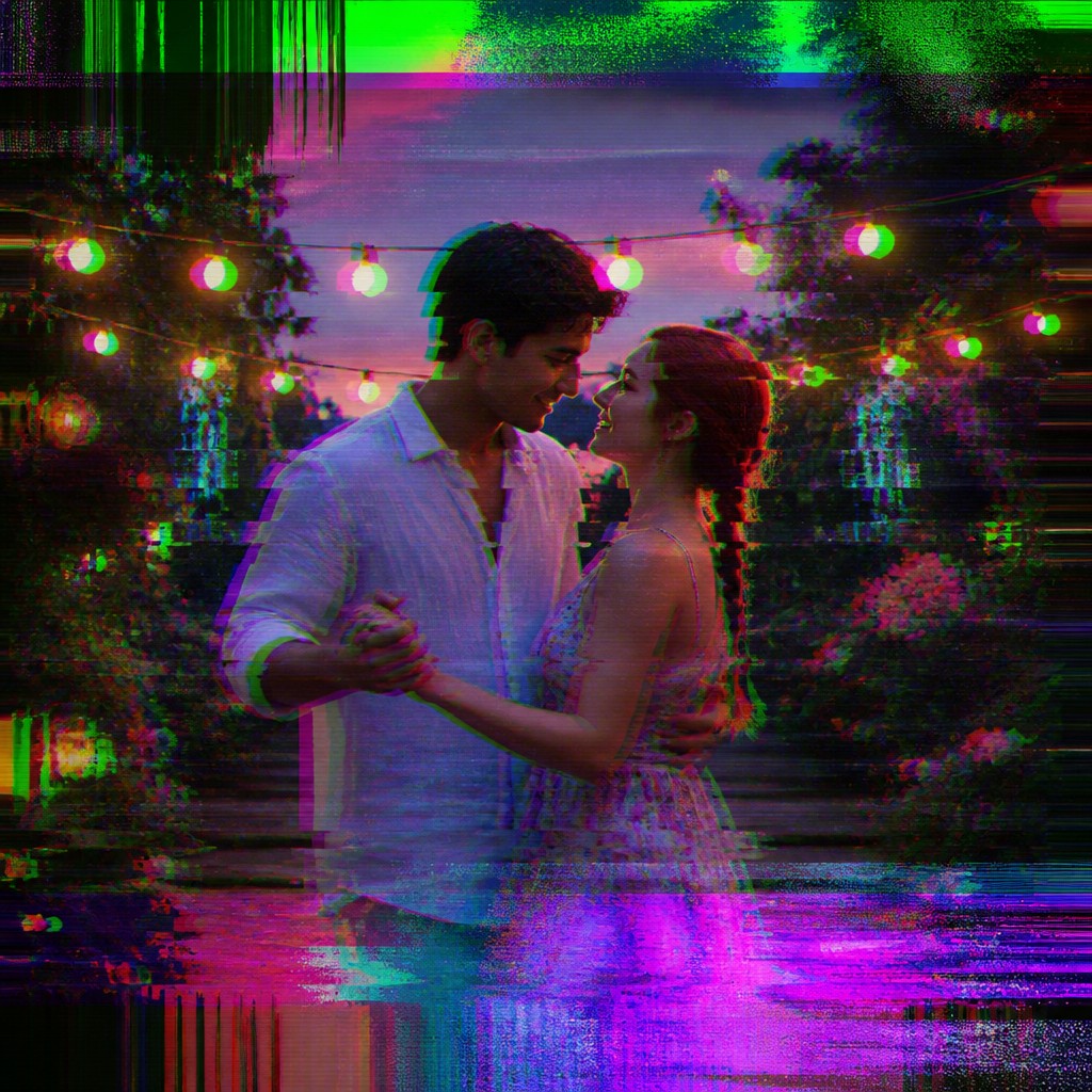 an original couple dancing under string lights in a garden at dusk: a man with short black hair in a linen shirt and a woman with braided red hair in a summer dress — Digital Glitch Abstract Art Style couple portrait