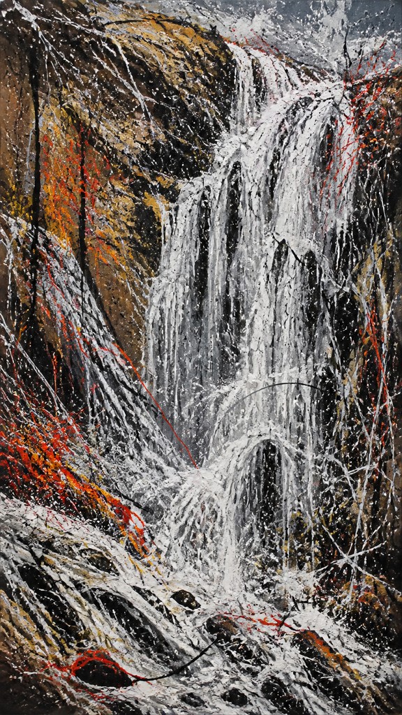 towering waterfall cascading down a cliff — Action Painting Art Style
