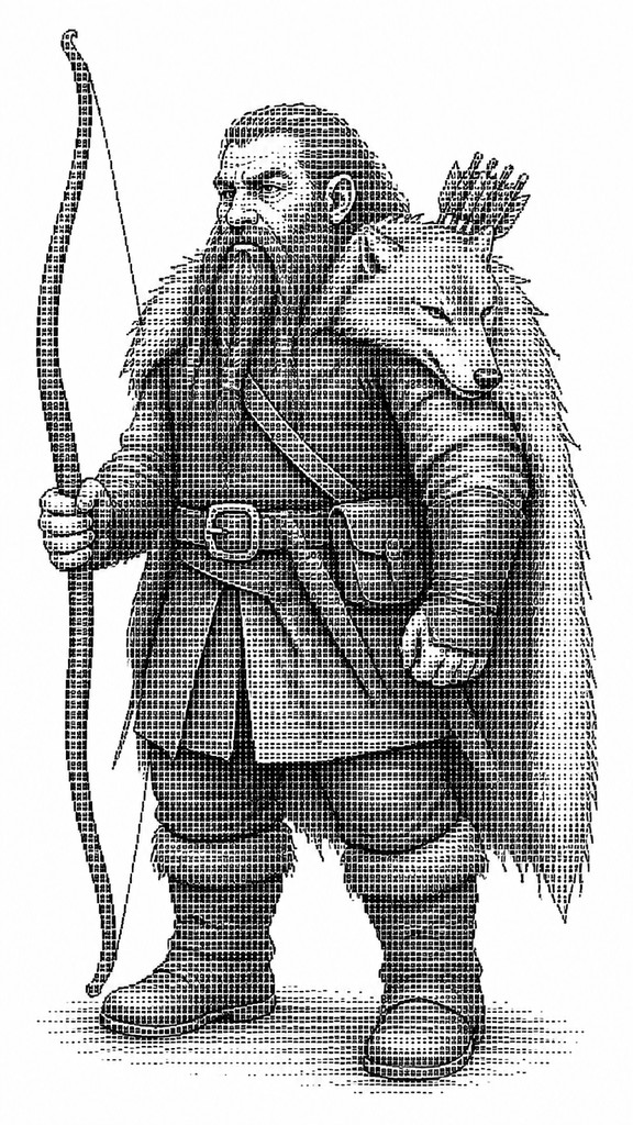 full-body original character: a dwarven ranger with a braided auburn beard, worn leather armor, a longbow and a wolf-pelt cloak, neutral background, no text — ASCII Art Style tabletop character portrait