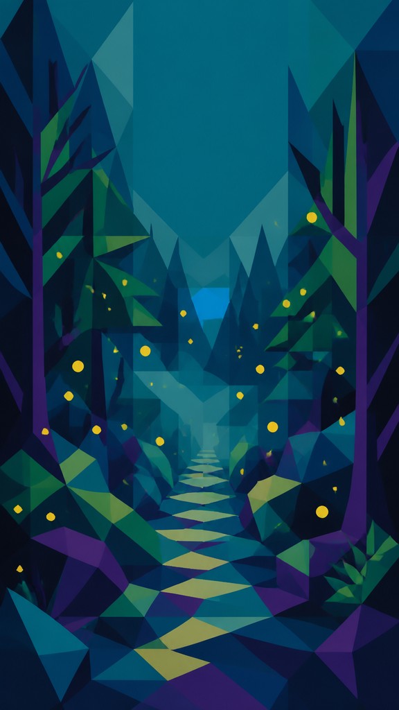 a mysterious forest path with fireflies and drifting mist, atmospheric vertical composition with open space at the top, no text — Geometric Abstract Art Style book cover