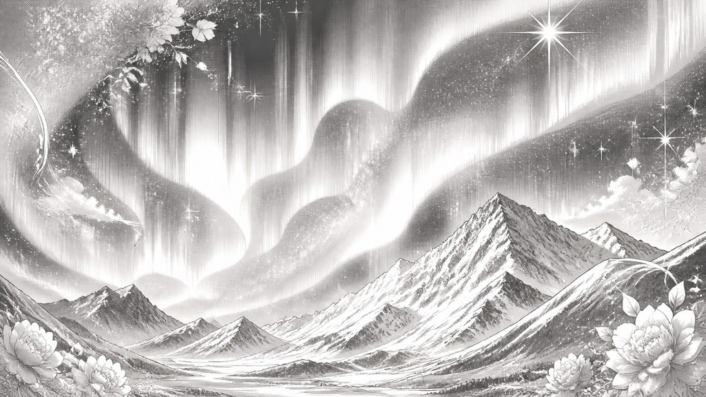 a flowing aurora over snowy peaks, wide sweeping composition, no people, no text — Shoujo Romance Manga Art Style banner