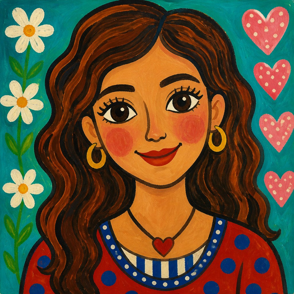 head-and-shoulders portrait of an original character: a young woman with wavy chestnut hair and a warm smile, plain soft backdrop — Naive Art Style profile picture