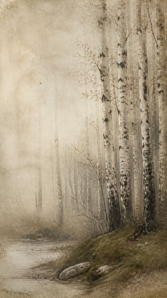 a serene birch forest in soft morning light, no people, no text — Wabi Sabi Art Style wall art print