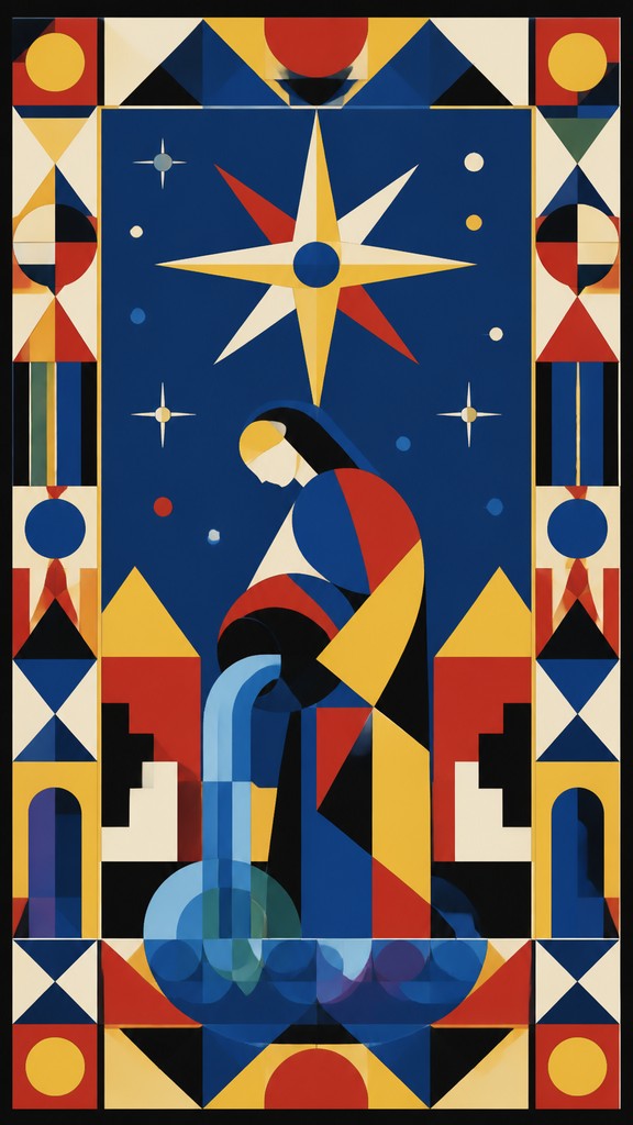 a robed figure pouring water beneath a large eight-pointed star in a night sky, symmetrical composition with an ornate decorative border, no text — Bauhaus Geometric Art tarot card