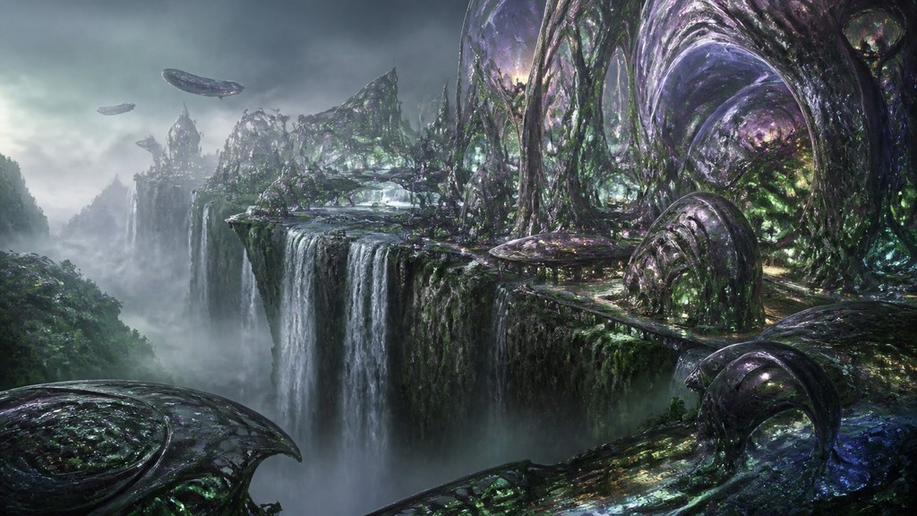 a cliffside city with waterfalls cascading into a misty canyon, wide establishing shot, no people, no text — Biopunk Sci-Fi Art concept art