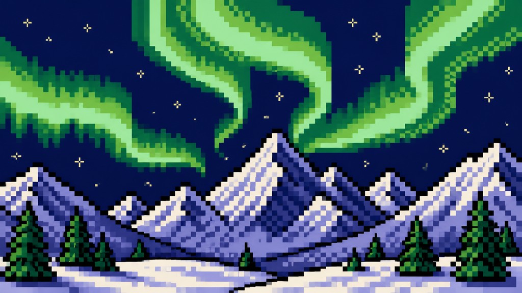 a flowing aurora over snowy peaks, wide sweeping composition, no people, no text — 8-Bit Pixel Art Style banner