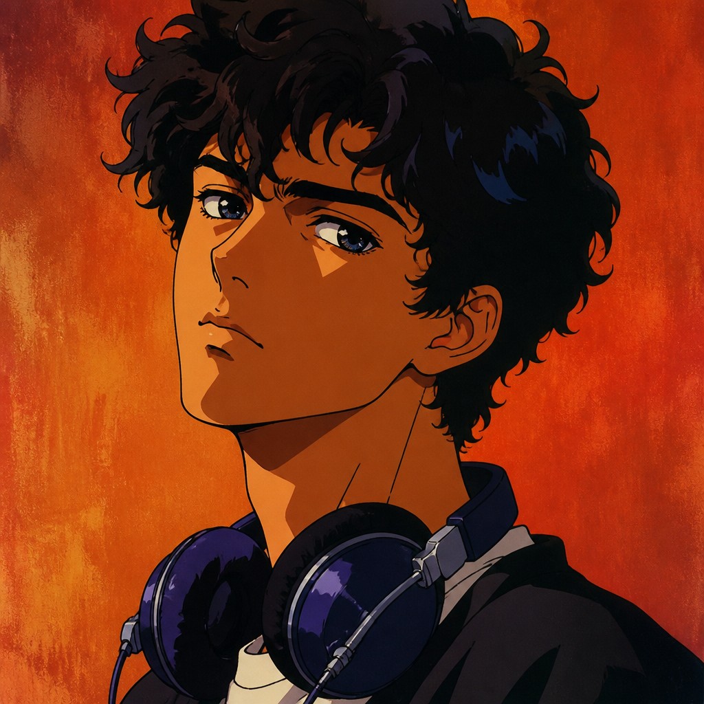 head-and-shoulders portrait of an original character: a young man with curly dark hair and headphones around his neck, plain backdrop, no text — Classic 90s Anime Art Style Discord profile picture