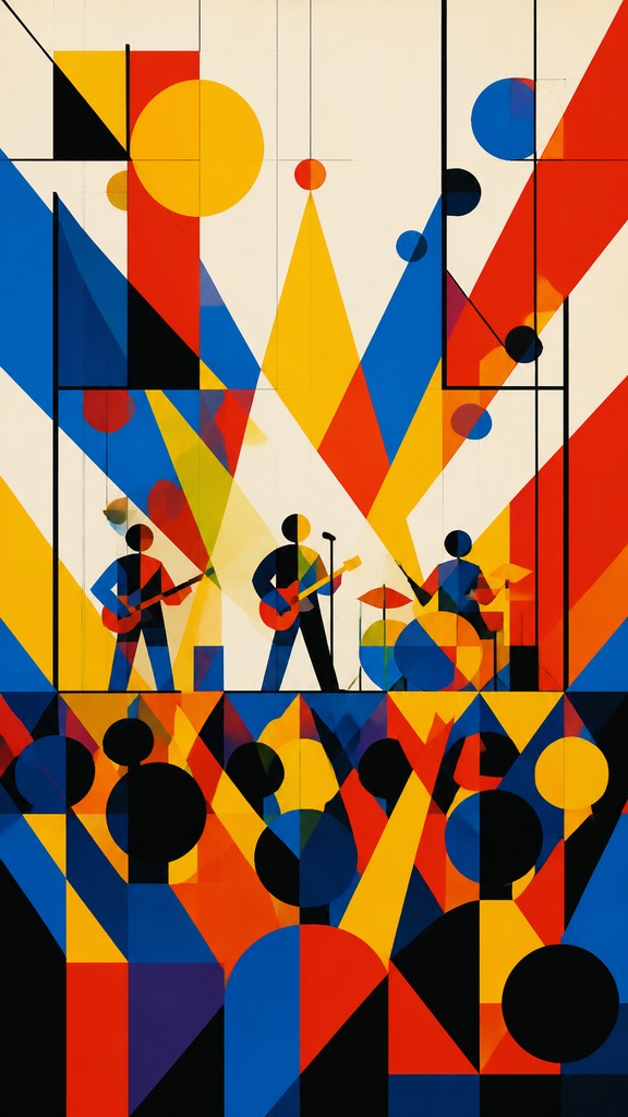 a live music scene with a glowing stage and silhouetted crowd, energetic vertical composition with open space at the top, no text — Bauhaus Geometric Art flyer