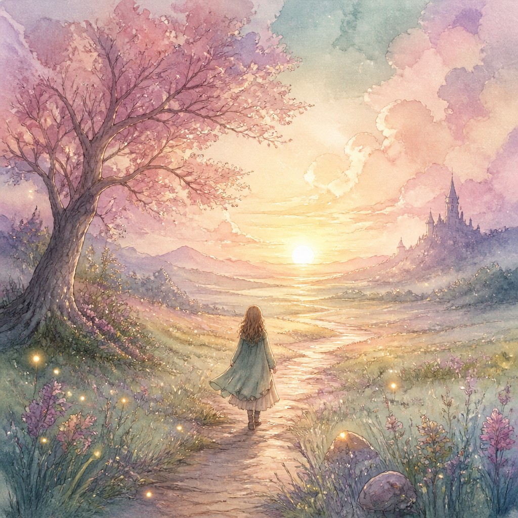 a solitary figure walking toward a glowing horizon across an empty plain, moody atmosphere, no text or lettering — Fairy Tale Fantasy Art album cover