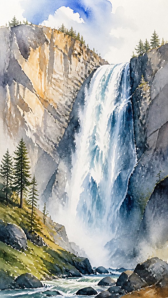 towering waterfall cascading down a cliff — Watercolor Painting Style