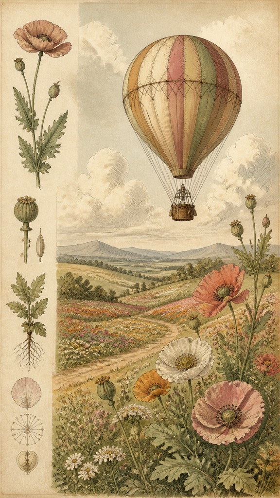 a hot air balloon drifting over rolling flower fields on a sunny day, cheerful, no text — Botanical Nature Art greeting card