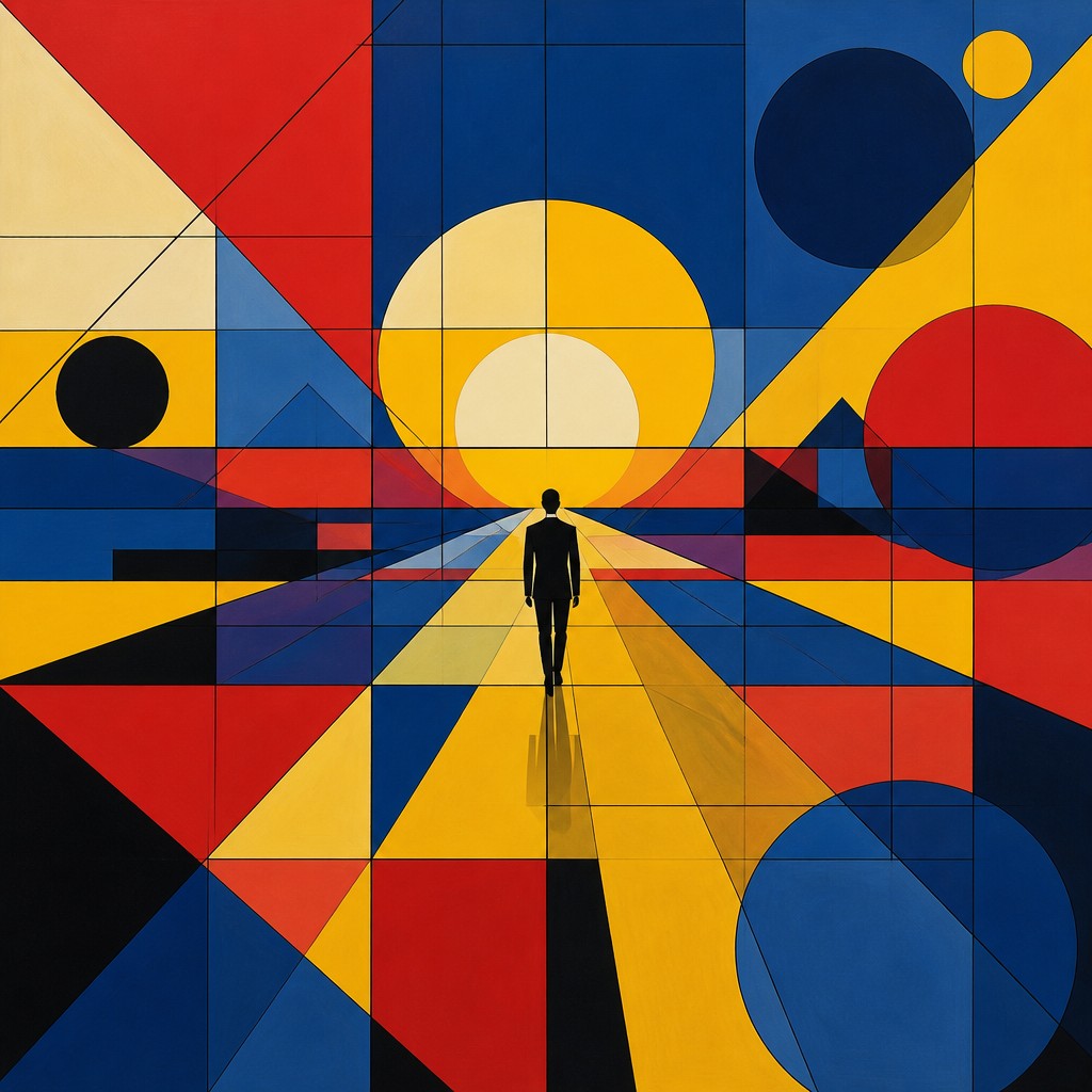 a solitary figure walking toward a glowing horizon across an empty plain, moody atmosphere, no text or lettering — Bauhaus Geometric Art album cover