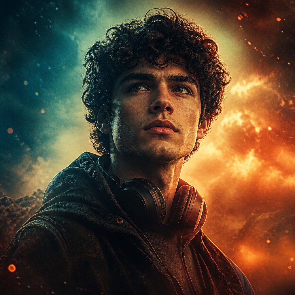 head-and-shoulders portrait of an original character: a young man with curly dark hair and headphones around his neck, plain backdrop, no text — Movie Poster Design Discord profile picture