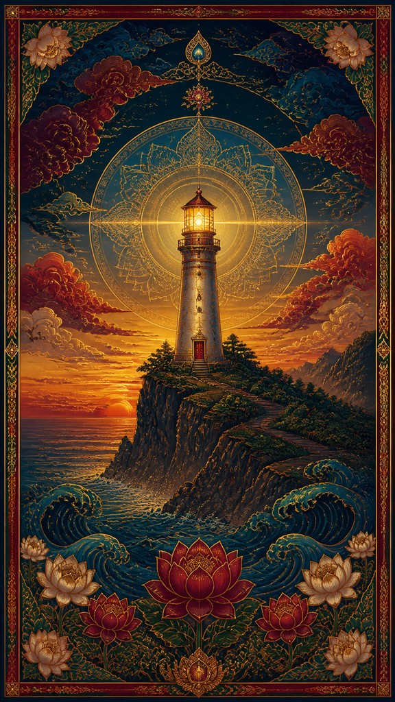 a lone lighthouse on a cliff at dusk under a dramatic sky, no text or lettering — Buddhist Religious Art poster