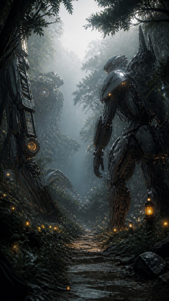 a mysterious forest path with fireflies and drifting mist, atmospheric vertical composition with open space at the top, no text — Mecha Sci-Fi Art book cover