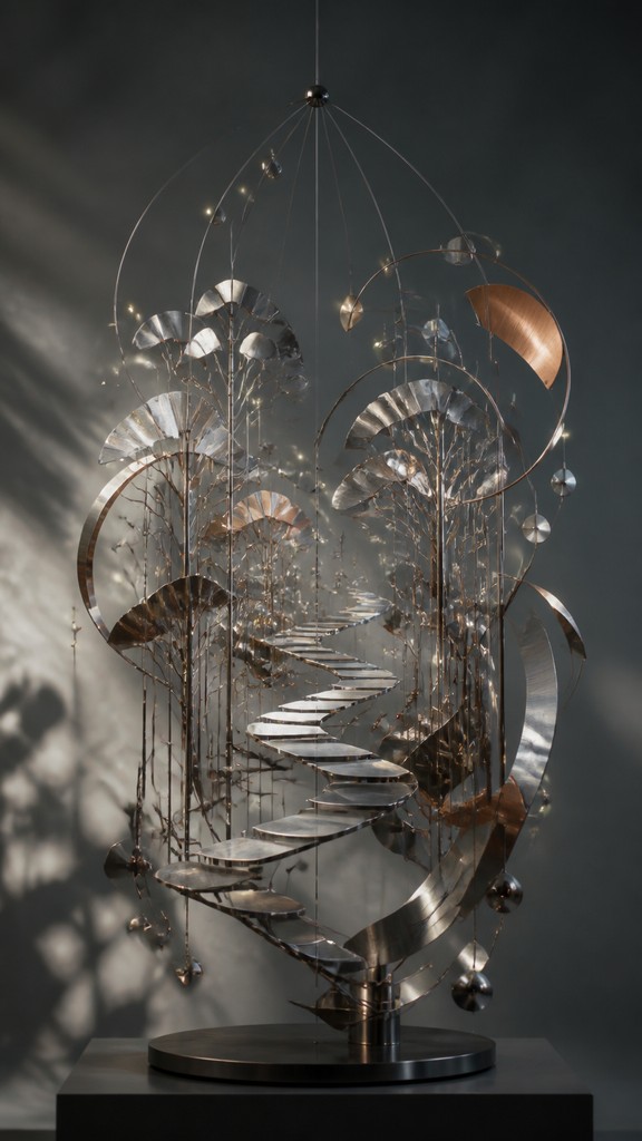 a mysterious forest path with fireflies and drifting mist, atmospheric vertical composition with open space at the top, no text — Kinetic Sculpture Art Style book cover