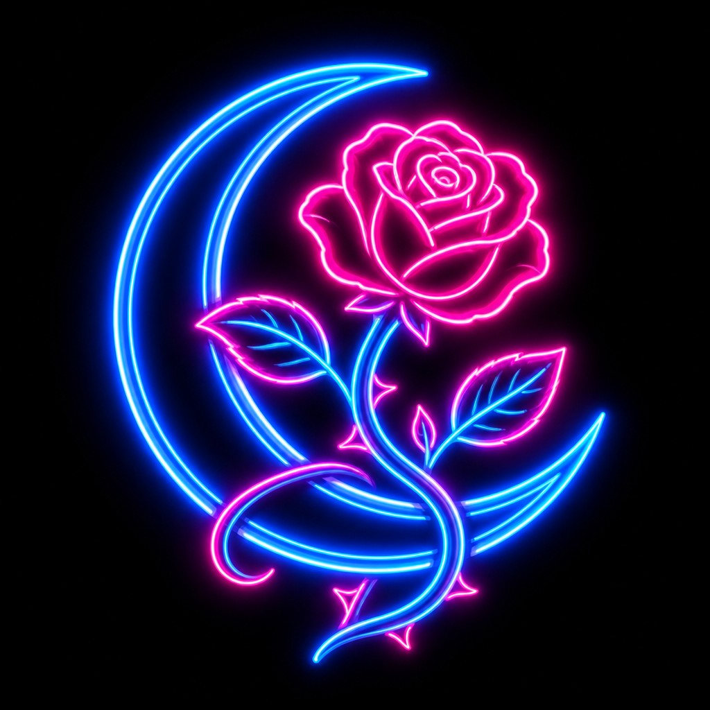 a rose entwined with a crescent moon, clean balanced composition on a plain background, no text — Neon Icon Design tattoo design
