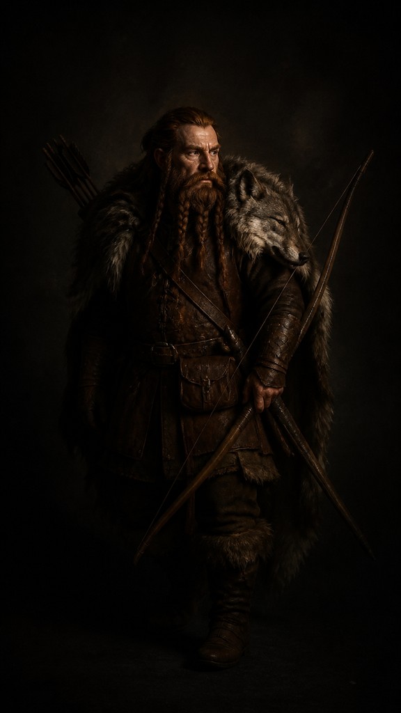 full-body original character: a dwarven ranger with a braided auburn beard, worn leather armor, a longbow and a wolf-pelt cloak, neutral background, no text — Moody Portrait Photography Style tabletop character portrait