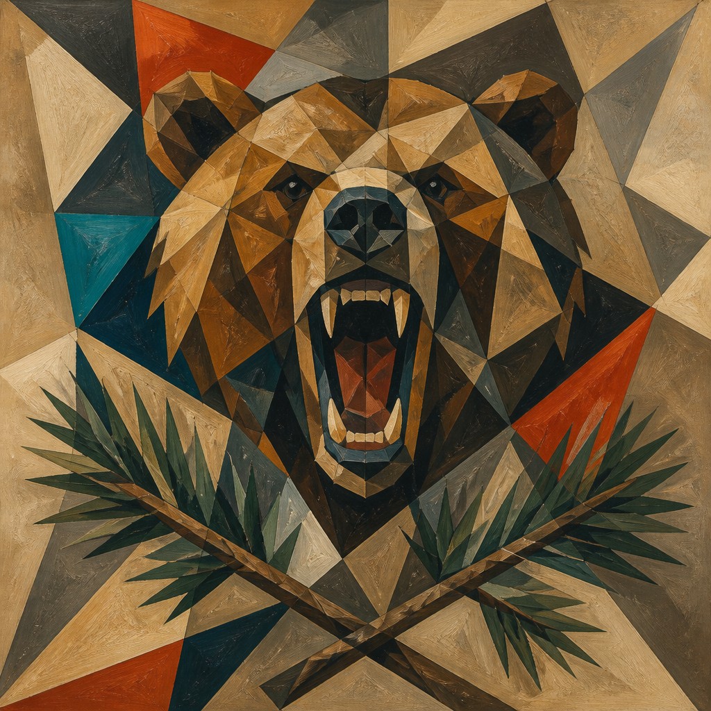 a roaring bear head above crossed pine branches, bold graphic composition on a plain background, no text — Cubist Modern Art Style t-shirt design