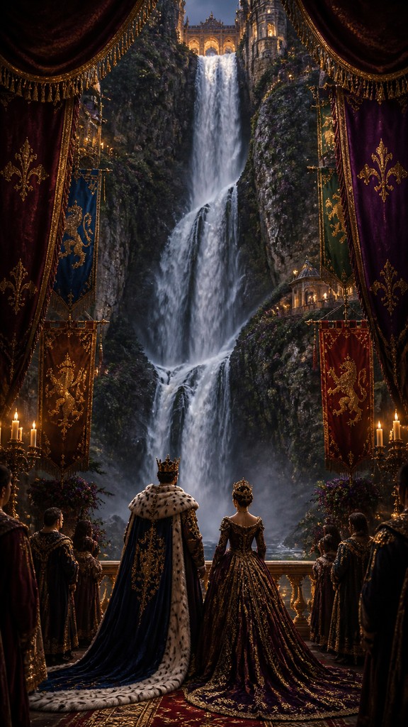 towering waterfall cascading down a cliff — Royalcore Aesthetic